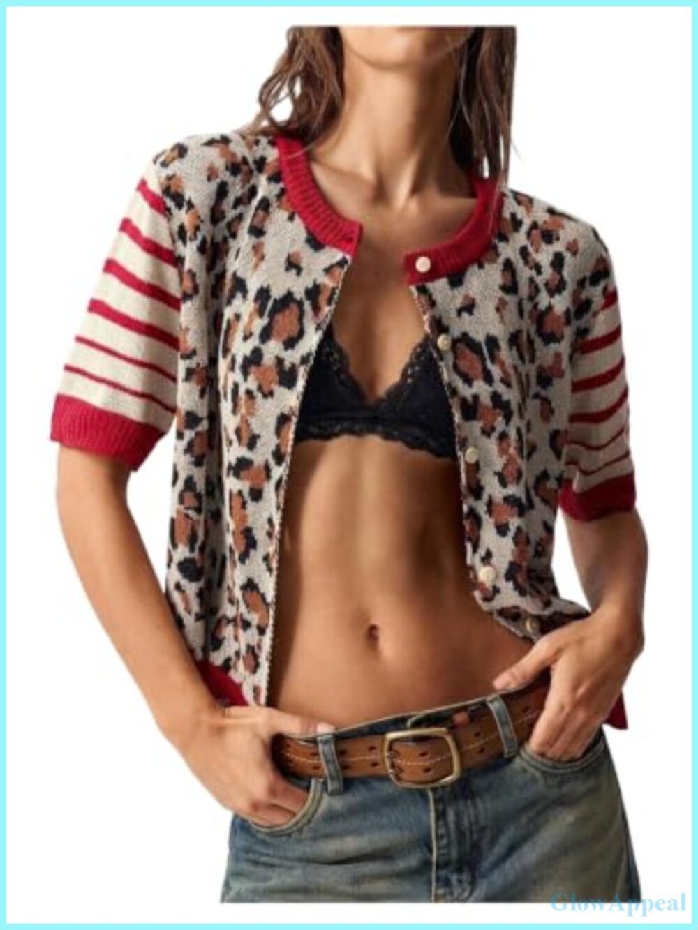 Women's Boho Leopard Striped Button Front Cardigan Short Sleeve Knit Sweater